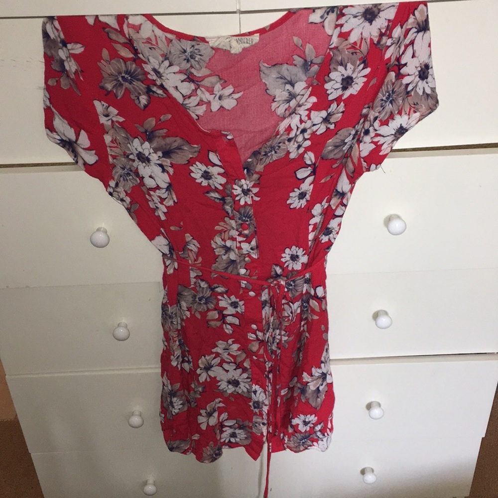 Red Floral Tie Waist Dress